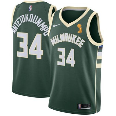 Nike Milwaukee Bucks #34 Giannis Antetokounmpo Youth 2021 NBA Finals Champions Swingman Icon Edition Jersey Green